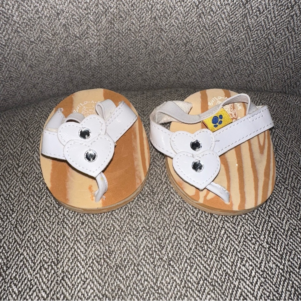 Build A Bear Workshop White Sandals with Double Hearts Detail Silver Gems Shoes